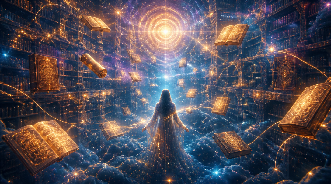 Ethereal Akashic Records cosmic library with floating ancient books and celestial light